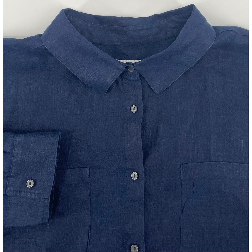 Charter Club Luxury Linen Button Down Shirt Womens 3X Navy Blue Roll Tab Sleeve